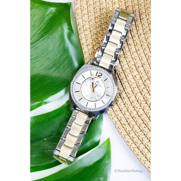 NEW Coach Women's Boyfriend Watch Crystal Bezel Logo Dial Silver and Gold Toned - Picture 1 of 12